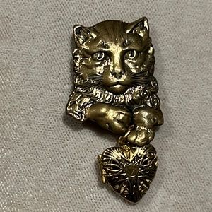 Cat Brooch or Pin w/ Heart shaped locket gold tone